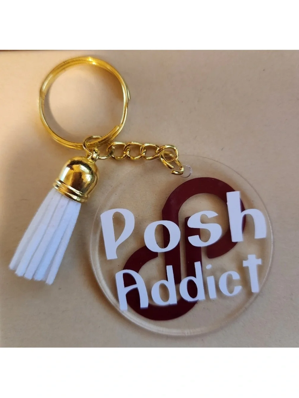 Posh Addict Acrylic Keychain with Tassel - White & Burgundy